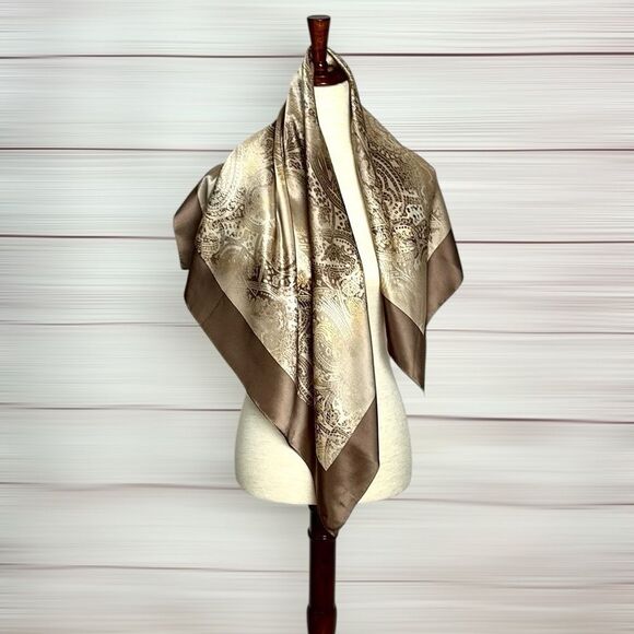 YONG DOO YEUL Korea Silk Scarf Cocoa Tan Colors Paisley Print 35x35” - Picture 5 of 11